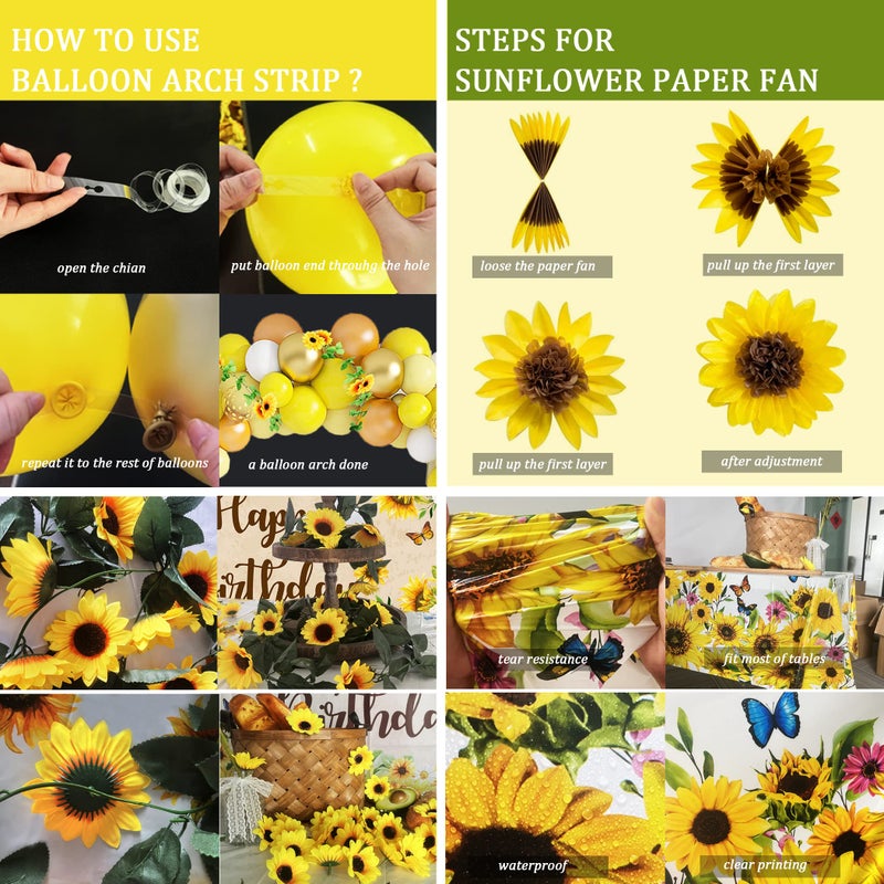 BORAMDO Sunflower Birthday Party Decoration Pack 111 Pcs Baby Shower Party Supplies Wedding Decor include Backdrop Tablecloth Artificial Sunflower Garland Cake Topper Balloon Garland Arch Tissue Paper Flower - Image 4